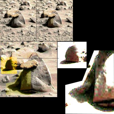 Do you see me? I do not exist! - Sol 108 (processing n. 2; credits: Dr M. Faccin)
4) Ci sono "annebbiamenti" e "pixellature di copertura" ("aggregati reticolari di rettangoli opachi", come dice il buon Marco) in alcuni punti strategici del frame: jella, vizio nella trasmissione dei dati, image-artifacts o cover-up? E se si trattasse di cover-up, allora diciamolo apertamente: "cover-up" di che cosa?!?

5) Girando e rivoltando l'immagine (ed anche negativizzandola), alla fine emerge sempre un solo dato davvero essenziale: una roccia simile, anche se la Natura - si sa - è bizzarra, non dovrebbe esistere.

Conclusioni: tutto ci spinge a credere che siamo davanti ad un frame PARZIALMENTE MANIPOLATO. Diciamo PARZIALMENTE perchè la strategia NASA - anche se sappiamo che il Dr Feltri non sarebbe d'accordo con noi - è di "Mostrare il più possibile facendo vedere il meno possibile". 
La Manipolazione Parziale, come logico, è la forma più subdola di manipolazione (difficilissima da individuare e, se individuata, da risolvere e spiegare) e ad essa si ricorre solo in casi estremi. Ora, ci chiediamo, cosa c'era di "estremo" (da nascondere) qui, in questo frame? La risposta, forse, è nello studio dei dettagli e nell'analisi di questo quadro in rapporto agli altri ottenuti nella stessa zona durante i Soles ad esso precedenti ed in quelli immediatamente successivi.

Un lavoro difficile, ma che proveremo a fare e poi...Ne riparleremo.
Parole chiave: Highly Controversial Frame