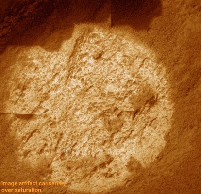 The texture of the "Brown/Orange Soil" of Gusev Crater - Sol 1177
Caption NASA:"On Sol 1177, Spirit used the Rock Abrasion Tool (RAT) to brush away dust covering the surface of a small, nodule-rich outcrop nicknamed "Slide" at the edge of the circular plateau known as "Home Plate". This image mosaic, acquired by the Microscopic Imager (MI), shows the nature of the weathered outcrop surface, just beneath the dust coating. The science team has a special interest in the rocks in this general area, some of which show the highest silica content yet measured on Mars". 
Parole chiave: Microscopic Imager - Martian Rocks