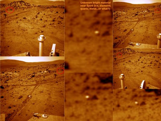 What is that bright "stone"?!? - Sol 1187
Dal Dr Gianluigi Barca, eccoVi un collage interessante e ben fatto il quale ci mostra, ancora una volta, che i corpi ad albedo elevata (o elevatissima) non sono - su Marte - una rarità. Anzi...
Di che cosa si può trattare?
La lucentezza dell'oggetto è, come vedete, simile - per intensità - a quella dei detriti cristallini (Sali e Solfati, forse) che Spirit continua a portare alla luce con le sue ruote e - per tessitura - a quella della (ormai lontana) "Silver Anomaly" che Spirit incontrò, più di 2 anni fa, sulla via di Bonneville Crater.

Allora la NASA tacque: riprese la Silver Anomaly da svariate distanze ed angolazioni, ma nulla venne mai detto al suo riguardo. Poi arrivò lo Scudo Termico (Heat-Shield) di Spirit (!) sul bordo del Cratere Bonneville e poi...Poi sono arrivate tante altre immagini che riportano e mostrano "bagliori" metallici sulla superficie di Marte, area Gusev Crater (e non solo!).
Alcuni di questi bagliori sono, con ogni probabilità, degli image-artifacts; altri sono stati ben spiegati parlando dell'Heat-Shield e della Backshell - spazzatura spaziale, in altre parole - dei MER Spirit ed Opportunity (Heat-Shield e Backshell precipitati al suolo nei pressi delle zone di landing, così come accadde per la Sonda Pathfinder). 

Insomma: alcune spiegazioni ci sono e vanno anche bene, certo; ma è indubitabile che, in qualche caso, i "bagliori" (rectius: le superfici riflettenti ad albedo elevata) che abbiamo individuato, non possono essere spiegati/e ricorrendo alle sole ipotesi di cui sopra e allora, come l'esperienza ci ha insegnato, prima di azzardare ipotesi esotiche e dire di che cosa si potrebbe trattare, bisogna iniziare a capire e dire che cosa questi "riflessi" NON SONO.

La risposta (sebbene solo parziale), in questo caso, è davvero facile: non si tratta dell'Heat-Shield o della Backshell di Spirit; non si tratta di un image artifact e non si tratta di detriti cristallini.

Che cosa stiamo guardando?

Grazie ancora ed ancora complimenti al sempre prezioso Amico e Collega, Dr G. Barca!

Parole chiave: Martian Surface - Bright Object near Home Plate