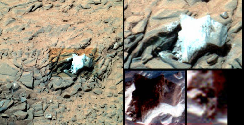 Recently disturbed soil with extremely bright Surface Features (2 - possible natural colors; elab. Dr Marco Faccin) - Sol 1361
Una prima ipotesi "esotica" ci suggerisce che il dettaglio saturato non è una roccia cristallina, bensì un frammento semi-regolare di un qualche tipo di manufatto, i cui resti si trovano sparpagliati nei pressi del Rover.
Una seconda ipotesi (forse ancora più "esotica" della prima), invece, potrebbe indicarci che il dettaglio saturato rappresenta un'area ricoperta da una sorta di "patina iridescente" la quale, simile a muschi, muffe e licheni di Terrestre Memoria, si sta diffondendo - a "chiazze" - nei dintorni della sua Regione di Sviluppo Principale.

Per gli Spiriti Razionali e per i non-amanti di "Esoticità" possiamo dire che il dettaglio over-saturato potrebbe semplicemente essere una superficie "grattata" dal Rover la quale ha rivelato la sua (sottostante - e cioè celata alla vsita da polveri depositatesi nel tempo) Natura Cristallina. 
Coerente con questa visione sono i segni di recente disturbo dell'area ad essa circostante, i quali potrebbero essere una traccia evidente del passaggio del Rover.
L'ultima ipotesi, non esotica ma - almeno a nostro avviso - altamente improbabile, ci suggerisce che la chiazza iridescente, le sue "estensioni" nei dintorni ed i segni di recenti disturbi del suolo potrebbero essere ricollegabili alla caduta di un oggetto nelle immediate vicinanze del Rover.
Micro-meteora? Detrito spaziale? Probe Aliena? Beh, noi Vi diamo le nostre idee e qualche elemento di valutazione. Saranno poi il Rasoio di Okkam e la Vostra Sensibilità a decidere per quale ipotesi optare.

Ovviamente, se nessuna di queste ipotesi fosse di Vostro gradimento, noi attendiamo suggerimenti e contributi.
Parole chiave: Martian Soil - Very Bright Surface Features
