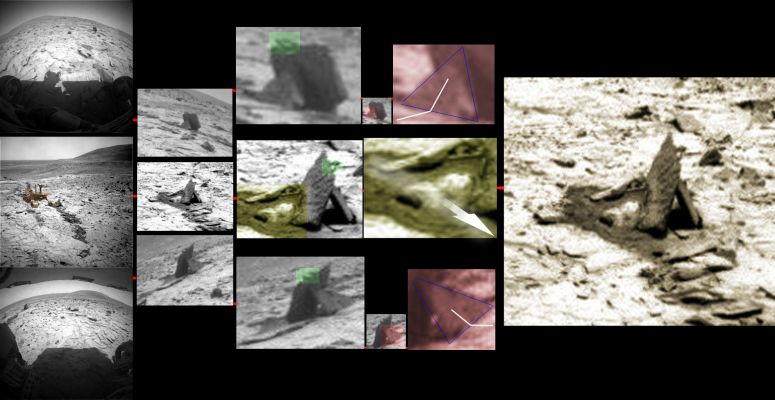 Spirit and the "Tepee" (a reliable reconstruction)
Una bellissima ricostruzione/photo-collage realizzata dal Dr Faccin, ci fa vedere le migliori inquadrature disponibili del "Tepee" ed evidenzia altresì alcune delle sue più bizzarre caratterizzazioni superficiali.

Come avevamo subito sospettato osservando le immagini, il terreno nelle immediate prossimità del "Tepee" è fortemente disturbato e, come il collage del bravissimo Dr Faccin prova a dimostrare, il disturbo potrebbe essere/è stato causato dallo stesso Rover, il quale si sarebbe/è avvicinato al rilievo anomalo sin quasi a toccarlo.

Solo sospetti e speculazioni? 

Diremmo di no, poichè abbiamo tutti imparato a riconoscere le tracce che il Rover lascia sul terreno sul quale si muove (e, in parte, si trascina) e, a ben guardare, le tracce esistenti nei pressi del "Tepee" sono difficilmente controvertibili...
A questo punto, se la ricostruzione grafica del Dr Faccin fosse corretta, le domande diventerebbero del tutto ovvie. 
Per esempio: dove sono le foto che Spirit ha scattato al Tepee quando è giunto sin quasi a toccarlo? 
Certo, si potrebbe dire che di foto del "Tepee" non ne vengono mostrate perchè non ce ne sono... 

Va bene, noi potremmo anche crederci, ma a quel punto sarebbe inevitabile chiedersi la ragione per cui la NASA continua a scattare innumerevoli fotografie a sassetti, terriccio e polveri (ottenendo migliaia di frames fiacchi, irrilevanti e ripetitivi) e poi ignora - deliberatamente? - un rilievo che (ne siamo certi) non può non affascinare chi lo guarda...
O forse gli Amici di Pasadena non hanno notato il "Tepee"?
O forse sono proprio i rilievi come il "Tepee" ad essere vuoti ed irrilevanti?

Che dire? Complimenti - come sempre - al Dr Faccin; per il resto...occorre aspettare, osservare, valutare e porsi domande.

Sempre.

Parole chiave: Photo-Mosaic - Mars - The "Tepee"