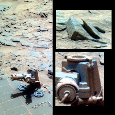 Something like a "box"... - Sol 1369 (credits: Dr Marco Faccin)
Contestualizzazione: un concetto chiave per l'individuazione e l'analisi delle possibili Anomalìe e Singolarità presenti su rilievi extra-terrestri. 
Lo spunto per parlarne in un recente commento (sebbene in termini di pura teoria), ci è stato dato dal nostro caro Amico e Socio, "Ufologo"; una risposta sul campo, invece, è subito arrivata dal nostro sempre bravissimo Ricercatore, Dr Marco Faccin.
Ed è quindi dedicato ai nostri due Amici il commento su questo frame il quale - come vedete - ci mostra, in alto a Dx del quadro maggiore (posto a Sx dell’Osservatore), assieme ad una discreta quantità di elementi irrilevanti, un dettaglio davvero intrigante. 

Si tratta, in apparenza, di un "frammento" parzialmente interrato di qualcosa che, come sembra del tutto evidente, possiede un’albedo piuttosto elevata, è liscio, squadrato ed apparentemente disposto/strutturato/articolato su due livelli.

Un qualcosa che, effettivamente, "sembra" assai poco naturale...

Contestualizzazione: ossìa trasposizione del dettaglio che, ai nostri occhi, appare come "anomalo" (e cioè, tanto per adottare una definizione chiara ed alla buona, diciamo un dettaglio "non allineato"/"incongruo" con il/rispetto al paesaggio al quale accede e di cui fa parte), NEL SUO CONTESTO di riferimento (ivi: un'area rocciosa e ricca di macigni e rocce stratificate, non lontana dalla Collina "Husband" ed a ridosso della zona conosciuta come "Home Plate").

Ecco: questo dettaglio, ottimamente individuato dal Dr Faccin, è EFFETTIVAMENTE (a nostro parere e dopo aver effettuato la Contestualizzazione nei termini di cui sopra) un rilievo quanto meno Singolare, se non del tutto Anomalo.
Ma questo non vuol dire, naturalmente, rilievo "artificiale"! 
Magari lo sarà pure o magari no: questo non lo sa nessuno.
E, al momento, non importa.
Noi sappiamo solo che questo rilievo, una volta CONTESTUALIZZATO, NON SI SPOSA con il resto del paesaggio su cui sorge e del quale dovrebbe pienamente condividerne la Natura. Tutto qui.
Le analisi DECONTESTUALIZZATE – e che sono tanto care alla Scuola del Prof. Hoagland e del Dr Skipper (due esempi fra i tanti) –, a nostro parere, non sono analisi complete.
Forse, da un certo punto di vista, non sono neppure analisi, ma semplici “chiacchiere” (interessanti ed accattivanti finché si vuole, ma sempre chiacchiere), fondate su mere associazioni visive, logiche e mnemoniche (della serie “questo rilievo MI RICORDA questo oggetto” etc.).
Il che è cosa ben diversa dalla Ricerca ed Analisi delle possibili Singolarità ed Anomalìe contenute nelle immagini in arrivo dallo Spazio…O no?!?

Un grande saluto e ringraziamento al Dr Faccin!

Parole chiave: Martian Surface - Anomalous Surface Feature - The Box