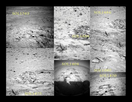 Unbelievable "Pseudo-Balance" - Sol 1763 (Mosaic n. 1 - credits: Dr G. Barca)
Il frame del Sol 1763 è "piatto": anche i rilievi che caraterizzano gl immediati dintorni della roccia anomala - crepe del suolo incluse - paiono essere stati "smussati, levigati e ripuliti".
Si, certo: anche gli altri frames relativi ad altri Soles non sono "perfetti" (anzi...), però il frame del Sol 1763 è veramente "brutto"!

Sarà un effetto della bassa risoluzione del frame? Si, certo. Probabilmente è così.

Ma esiste anche un'altra possibilità (non esotica) che ci piace portare alla Vostra attenzione: ricordate quando scrivemmo che i frames MER Spirit più belli, chiari e "realistici" sono - in fondo - quelli dei primi 250/300 Soles della Missione? Dopo quei primi 300 Soles - e fatte salve alcune eccezioni - le immagini ricevute da Spirit, spessissimo, si sono rivelate non solo brutte (e sin qui va bene), ma anche "piatte", difficili (se non impossibili) da processare e colorizzare, spessissimo sovraesposte (oversaturate) e quasi sempre (panorami dell'orizzonte e MI frames a parte) del tutto insignificanti.

Insomma: immagini tanto incosistenti (tecnicamente e sostanzialmente) da indurre più di un Ricercatore a pensare ("complottismi" a parte), che si trattasse di frames "falsi".
Falsi nel senso ESA - Mars Express del termine e cioè: ricostruzioni digitali di frames RAW (in altre parole: immagini rappresentative di una realtà/visione virtualizzata di Marte, la quale è stata ottenuta da frames RAW genuini "passati attraverso il setaccio della virtualizzazione").
Parole chiave: Martian Surface - The "STOP" Sign