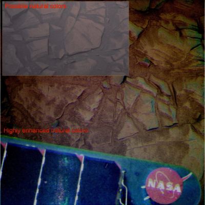 The terrain near Spirit: a "colourful comparison" - Sol 1408 (Credits: Dr Gianluigi Barca & Lunexit - for the inset)
nessun commento
Parole chiave: Martian Surface - Rocks