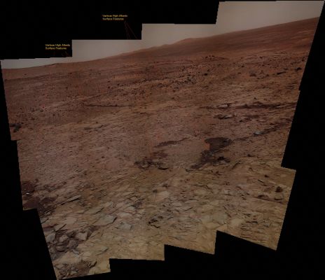 Various High-Albedo Surface Features - Soles 1420 until 1423 (an Image-Mosaic in Absolute Natural Colors by Elisabetta Bonora & Paolo C. Fienga - Lunexit Team)
Nota: le aree superficiali ad Albedo elevata sono TUTTE sulla "linea di transito" del Rover. 
Non riteniamo che via sia alcuna implicazione "scientifically-uncorrect" nel suggerire che, forse, da Pasadena il Rover lo guidano davvero "chirurgicamente", ma non solo (e forse non tanto) per evitare i Surface Hazards ma piuttosto per andare a visionare da quanto più vicino sia possibile dei rilievi - chiamiamoli così... - "intriganti e curiosi".
E' pure plausibile ritenere che l'Albedo elevata di alcuni rilievi sia il frutto di attività meccaniche svolte dal Rover sui medesimi (non parliamo, ovviamente, di "lucidatura", quanto di sfregamento e rullamento dei e sui rilievi in questione).
Certo è, se questa seconda ipotesi fosse corretta, che dovremmo allora supporre una incredibile luminosità dell'intera Superficie (o buona parte di essa), la quale rimane scura ed opaca SOLAMENTE a causa del manto di polvere rossiccia che sembra ricoprire tutto o quasi.

Le Vostre idee ed opinioni al riguardo saranno apprezzate.
Parole chiave: Martian Surface - High Albedo Surface Features