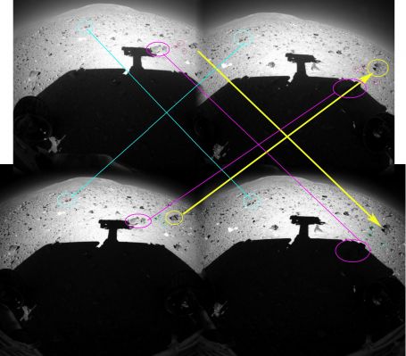 Something's moving?!? - Sol 151 (Credits for the Research and the additional process.: Dr Gianluigi Barca/Lunar Explorer Italia/Italian Planetary Foundation)
A parere di chi scrive, il fatto che una buona parte dei "sassetti" visibili nei quattro frames (tutti ottenuti dalla Front HazCam del Rover Spirit durante il 151mo Sol di operazioni su Marte, Regione di Gusev Crater) sembra che cambiano posizione tra uno scatto e l'altro, è/può essere (a ragion veduta) considerato una conseguenza sia di un inevitabile "shift prospettico" (il Rover si è mosso - è avanzato, di fatto), sia della deformazione grandangolare tipica di questo tipo di immagini. Ma alcuni "movimenti" e "cambi" di contesto, sempre ad umile parere di chi scrive, non sono spiegabili con questo approccio (per quanto sensato e pragmatico esso possa essere). 
Dunque possiamo dire che sulla Superficie di  Marte "qualcosa" si muove, relativamente, alla svelta? No, questo no. Ma che tutto sia "still" (immobile), come dice la NASA, e che gli unici movimenti superficiali devono necessariamente essere ricondotti (SEMPRE!) alla verificazione di attività eoliche di grossa entità (passaggio di Dust Devils, ad esempio, o altre correnti d'aria violentissime e radenti il suolo), a parer mio non pare un approccio completamente corretto, nè realistico. Poi, come sapete bene, in questa Materia, la "speculazione" - purchè informata e pragmatica - la fa e la farà da "padrona" ancora - credo e temo - per moltissimo tempo... 
Parole chiave: Martian Surface - Controversial