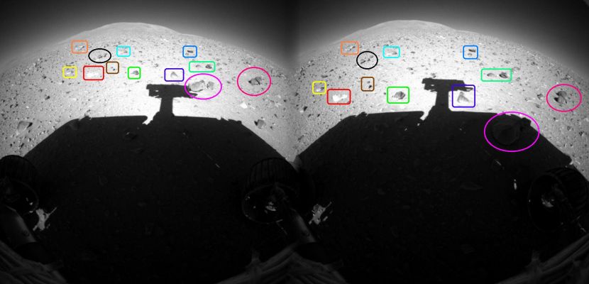 Something's moving?!? - Sol 151 (Credits for the Research and the additional process.: Dr Gianluigi Barca/Lunar Explorer Italia/Italian Planetary Foundation)
A parere di chi scrive, il fatto che una buona parte dei "sassetti" visibili nei due frames (entrambi ottenuti dalla Front HazCam del Rover Spirit) sembra che cambiano posizione tra uno scatto e l'altro, è/può essere (a ragion veduta) considerato una conseguenza sia di un inevitabile "shift prospettico", sia della deformazione grandangolare tipica di questo tipo di immagini. Ma alcuni "movimenti" e "cambi" di contesto, sempre ad umile parere di chi scrive, non sono spiegabili con questo approccio (per quanto sensato e pragmatico esso possa essere). 
Dunque possiamo dire che sulla Superficie di Marte "qualcosa" si muove, relativamente, alla svelta? No, questo no. Ma che tutto sia "still" (immobile), come dice la NASA, e che gli unici movimenti superficiali devono necessariamente essere ricondotti (SEMPRE!) alla verificazione di attività eoliche di grossa entità (passaggio di Dust Devils, ad esempio, o altre correnti d'aria violentissime e radenti il suolo), a parer mio non pare un approccio completamente corretto, nè realistico. Poi, come sapete bene, in questa Materia, la "speculazione" - purchè informata e pragmatica - la fa e la farà da "padrona" ancora - credo e temo - per moltissimo tempo... 
Parole chiave: Martian Surface - Controversial