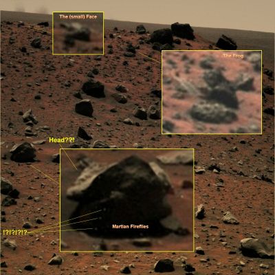 Unusually-looking Surface Features - Sol 1919 (Natural Colors; credits: Dr G. Barca & Lunexit - additional credits: Giorgio Picciau)
Dal nostro Grande Amico e Partner, Giorgio Picciau, tre interessantissime "puntualizzazioni" su un frame Spirit di qualche tempo fa: due Surface Features curiosamente antropomorfiche (di cui la "Rana" è, a  nostro avviso, semplicemente eccezionale!) ed un bizzarro, nonchè inesplicabile, effetto "Fireflies", ossìa "lucciole".

Il dettaglio è quello posizionato centralmente e, sulla porzione in ombra della (anonima) roccia individuata da Giorgio, risultano ben visibili tre puntini luminosi semi-allineati.

La spiegazione più plausibile è quella che ci dice che si tratta di image-artifacts (i "puntini luminosi", ora bianchi ed ora neri, sono spesso presenti nei frames Spirit ed Opportunity e, spesso, ci hanno fatto parlare - sbagliando - di possibili anomalìe o di OVNI), ma la nostra sensazione è che si tratti di rilievi reali.

Qualunque sia la risposta e, con essa, la Verità, noi - per ora - possiamo dire solo una cosa: Complimenti a Giorgio Picciau per l'"Occhio" che ha dimostrato di possedere e, ovviamente, per l'Amicizia ed il costante aiuto e supporto dato nel e per il nostro duro - e, ahinoi!, sempre più spesso ingrato, ma pur SEMPRE MERAVIGLIOSO - Lavoro)!
Parole chiave: Martian Surface - Unusually-looking Features