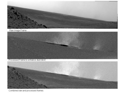 Huge Dust Devil Northwest of Spirit - Sol 1919
Caption NASA:"Researchers used the NavCam on NASA's Mars Exploration Rover Spirit to look for Dust Devils near the Rover during the Mission's 1919th Sol (May 27, 2009). This shot from that day's sequence, presented here with three different levels of processing, caught a large Dust Devil about 1,5 Km (a little less than 1 mile) North-West of Spirit. 

The top frame is the original image, the middle frame has been processed enhance the visibility of the Dust Devil, and the bottom frame is a merged version. The image was taken in the early afternoon (note: such as in that period of time comprised between 12:30 and 15:30) from Spirit's position at the "Troy" sand trap beside "Home Plate", looking northwest across the floor of Gusev Crater. 
The large Dust Devil shows a typical central core (brightest area) surrounded by a more diffuse sand and dust "skirt" about 415 mt (such as about 1350 feet) across. The Dust Devil is moving toward the North-East (toward the right in this image) at about 0,75 meter-per-second (meaning 1,7 miles-per-hour). 
This Dust Devil is some 20 times larger than the average Dust Devil on Earth. A smaller Dust Devil is seen on the right leading the larger DD. 
More than 650 DDs have been recorded by Spirit since its operation began in 2004. The Mission is currently in its third "season" for DDs on Mars, which typically begin in Martian Spring".
Parole chiave: Martian Horizon - Gusev Crater