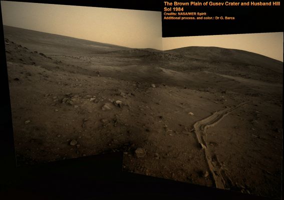 What a View! - Sol 1984 (Image-Mosaic - Natural Colors; credits: Dr G. Barca)
Un altro esempio di Lavoro di "cucitura frames", con bilanciamento del colore e della luminosità, fatto "A Regola d'Arte". Un Grande Riconoscimento al Dr Gianluigi Barca che, da qualche anno, oltre ad essere la "Biblioteca Vivente" di Lunexit, è anche diventato un eccezionale ideatore ed esecutore di fotomosaici panoramici, elaborazioni in SuperDefinizione e 3D, nonchè di sempre splendide colorizzazioni (in Colori Naturali, Possible True Colors e RAW Natural Colors).
Parole chiave: Mars Panorama - Gusev Crater e Husband Hill