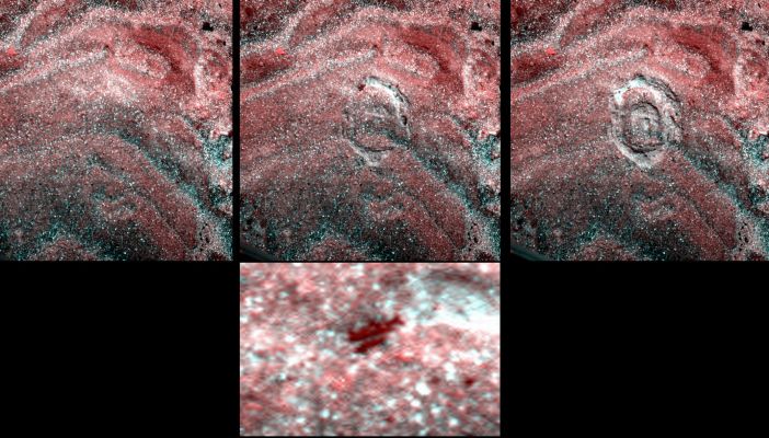 Controversial Surface Feature - Sol 2006 (Superdefinition and False Colors; credits: Dr M. Faccin)
Si tratta di una "versione distorta", a causa delle asperità (rectius irregolarità) del terreno, del Marchio dello Spettrometro Mossbauer? 
Oppure è un qualcosa che le spazzole di Spirit, grattando un sottile strato di polvere e ceneri, hanno fatto emergere dalla subsuperficie?
E' il "frammento" di un qualcosa di Artificiale ed indigeno? 
Oppure è soltanto pietra, che affiora dalle sabbie smosse dal Rover?

Ed il dettaglio centrato e magnificato in basso, che cosa sarà mai? 
Forse delle altre componenti del Rover (come la NASA scrisse qualche tempo fa "...frammenti degli strati esterni di superfici verniciate che si stanno staccando..."), il quale ormai "sta andando in pezzi"?
Altre "Lumache Marziane"?
Forme Vitali Indigene?
Oppure...nulla: solo rilievi superficiali indistinti ed ingannevoli?

Una nuova, e sempre più affascinante, coppia di Misteri Marziani, in un frame-composite realizzato dal sempre eccezionale Marco Faccin.
Da discutere.
Parole chiave: Martian Surface - Controversial