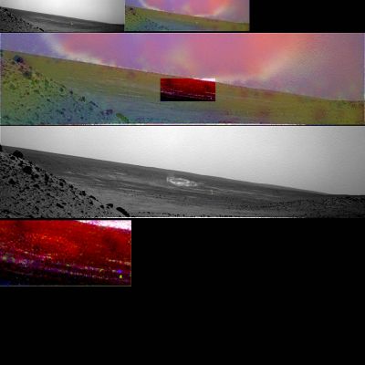 Unusual Phenomenon in the Plain of Gusev - Sol 2047 (Image-Mosaic; credits: Dr M. Faccin)
Questo spettacolare Fotomosaico ci aiuta a capire meglio quello che sta succedendo: non ci sono, infatti (e come dianzi si accennava), solo l'Anomalìa Luminosa ed il "flash" (che, ribadiamo, NON è un Raggio Cosmico nè un Image-Artifact) a "catturare" l'attenzione di Spirit, ma anche un qualcosa che risulta visibile solo una volta processate le immagini in maniera tale da esaltare i contrasti e quindi "spingere" la capacità visiva delle fotocamere (e dei nostri occhi assieme ad esse) OLTRE lo Spettro della Luce Visibile.

Spirit, come potete vedere nella porzione di frame definita da un rettangolo, sta catturando ANCHE un curioso fenomeno il quale sembra risolversi in una sorta di Vortice. 
Un Vortice invisibile - o quasi - fatto di Luce (che splende oltre lo Spettro del Visibile) e, forse, di materiali sottilissimi il quale potrebbe essere, in qualche modo, la causa e/o la concausa del "flash".

Che cosa stiamo osservando, realmente?
Parole chiave: Mars Panorama - Gusev Crater - Plain - Controversial