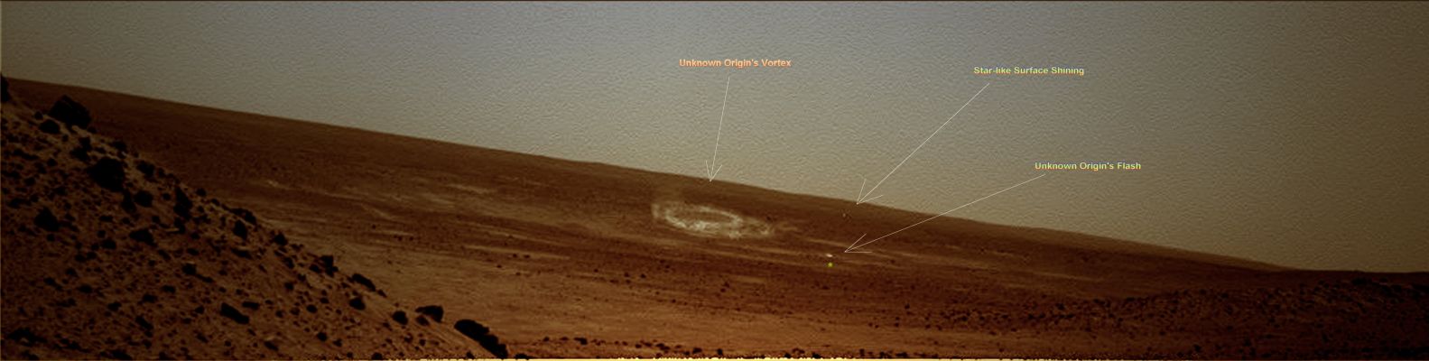 Unusual Phenomenon in the Plain of Gusev - Sol 2047 (Natural Colors; credits: Lunexit)
L'elaborazione in Colori Naturali del "Vortice" catturato su Lunghezze d'Onda esterne allo Spettro della Luce Visibile non fa altro che aggiungere mistero al mistero: l'impressione (che è SOLO un'impressione però) è che potrebbe trattarsi di polveri che formano una sorta di mulinello.

Ma le Polveri Marziane, che si sappia, oltre a non essere - se non altro "di regola" - color bianco/talco, non risultano neppure "invisibili" ad occhi umani (o ad occhi elettronici sprovvisti, come nel caso di specie, di Filtri adeguati a catturare fenomeni luminosi ulteriori rispetto allo Spettro del Visibile).

Insomma: il Dr Faccin ha fatto un grandissimo Lavoro e, a nostro parere, ha anche realizzato un "Centro" perfetto.
Spirit sarà anche fermo, ma il suo "fissare" l'Anomalìa Luminosa e la pianura a cui essa accede non è un caso, a nostro parere: Spirit sta "guardando" qualcosa, e "qualcosa" - forse - sta guardando Spirit. 

E se questa asserzione Vi sembra eccessiva, allora diteci Voi quale può essere il senso non solo di queste immagini, ma anche del comportamento del Rover Team (perchè il fatto che Spirit sia ormai un Rover insabbiato e fermo " atempo indeterminato" - e forse per sempre - ci può anche stare; ma, dato che un collegamento ruote/telecamere non esiste, perchè i suoi occhi si rivolgono SEMPRE nella stessa direzione? 
Si sono forse insabbiate anche le fotocamere - rectius: i meccanismi che ne governano il movimento?...).

Noi attendiamo i Vostri commenti.
Parole chiave: Mars Panorama - Gusev Crater - Plain - Controversial