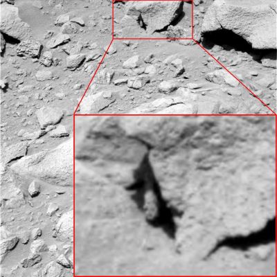 Martian Snake? - Sol 413 (credits: Dr G. Barca)
Dite e pensate quello che volete, ma non diteci - per favore - che quello che stiamo guardando è solo una roccia a forma di bastoncino che casualmente si è infilata in una crepa e che (ancora) casualmente sbuca solo per un piccolo tratto della sua (ipotetica) lunghezza e che (sempre) casualmente ricorda una biscia o un qualche altro tipo di serpentello...

Fantasia, ironia e, ovviamente, "scherzi a parte", la domanda è solo una: CHE COSA stiamo guardando?!?

Congratulazioni (repetita iuvant) al Grande Dr Barca!
Parole chiave: Martian Surface - Extremely Controversia Surface Feature - The "Snake"