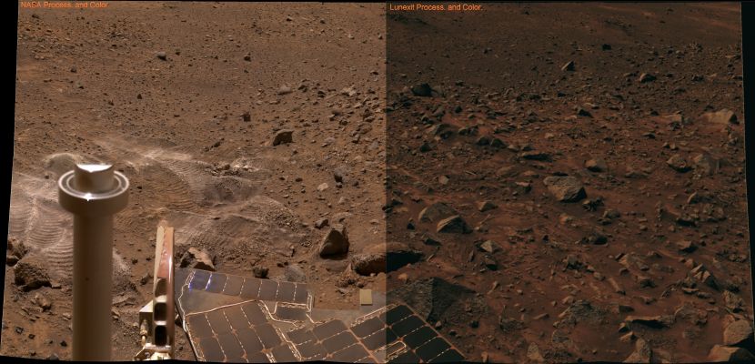 Color Comparison: "Paso Robles" - Sol 422 (Sx credits: Lyle.org; Dx credits: Lunexit)
Un piccolo confronto cromatico che NON HA lo scopo di dire "questa elaborazione è più bella/brutta" oppure "quella elaborazione è più verosimile/inverosimile". Certamente no. L'unico scopo di questa comparazione è didattico: nei frames prelevati dalle Gallerie Lyle.org dedicate ai MER Opportunity e Spirit - Radiometrically Calibrated Imagery - emergono con evidenza tre fatti:

1) i frames sono tutti molto luminosi (spesso ai limiti della over-saturation);
2) la Dominante Cromatica appare esasperata e tendente al rosa pallido con qualche bizzarra nuance giallastra e/o violacea;
3) l'O.A. (o Tau) è presente e visibile anche sulla brevissima distanza (tutti o quasi tutti i frames, insomma, appaiono opacizzati o leggermente fuori fuoco).

ATTENZIONE: il Lavoro svolto da Lyle.org - se non altro da un profilo volumetrico - è, dal nostro punto di vista, assai stimabile e noi lo apprezziamo (e Ve ne mostreremo anche una porzione qui, sulle pagine di Lunexit). 
Ma, da un punto di vista concettuale e, se così possiamo esprimerci, "metodologico", come ovvio a nostro modestissimo parere, esso è clamorosamente errato e creatore di errori e malintesi.

Pensate un pò a questi dati:

La Luminosità di Fondo di Marte: è eccessiva. Superiore anche a quella Terrestre (e questo è un fatto improponibile).
La Dominante Cromatica: veramente esagerata (abbiamo fatto un paio di simulazioni e, nei frames Lyle, è come se il Sole splendesse di un bel color salmone).
I Contrasti: nulli, o quasi (specie per i frames relativi a Meridiani Planum).
L'Opacità Atmosferica: siamo d'accordo che, in giornate di Tau elevata, essa possa diventare ben percepibile nelle riprese tarate su obbiettivi posti a medio-lunga distanza (diciamo oltre i 50/60 metri dai Rover), ma che essa - e per giunta sempre - si riveli in forma eclatante anche su target posti solo a pochi cm dalle loro ottiche...no, questo è davvero poco credibile. Anzi: questo è un vizio interpretativo.

Nota positiva: il Cielo di Marte. Molto ben calibrato e, di fatto, probabilmente ancora più realistico di quello che tentiamo (faticosamente) di proporre noi qui, su Lunexit.

Insomma: massimo rispetto per il Lavoro di Lyle.org MA, un consiglio, quando osservate le loro Color Galleries, siate prudenti nelle valutazioni e tenete ben presente almeno tre fattori:

1) Marte è più lontano dal Sole rispetto alla Terra;
2) Marte non è un Mondo Monocromatico (come dimostrano ampiamente le immagini HST e quelle orbitali - e comunque non è certo un Pianeta color "rosa salmone"...) e, infine,
3) Marte muta le sue nuances con il passare delle ore del giorno e, quindi, al variare delle relative condizioni di luminosità (le interpretazioni Lyle, invece, sembrano essere tutte state calibrate su uno Standard di Luminosità Media - ed anche questo è un errore concettuale che poi, alla fine, si riflette e si risolve in un errore di metodo e di realismo).

Ora giudicate Voi.
Parole chiave: Martian Panorama - Gusev Crater (Paso Robles)