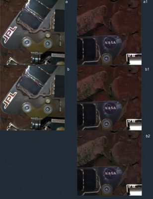 Watch CAREFULLY! - Sol 432 (true colors; credits: Dr M. Faccin)
Sul tema che ci viene sottoposto da questo splendido fotomosaico realizzato dal Dr Faccin ritorneremo (presto) probabilmente attraverso un articolo che pubblicheremo su TruePlanets.
Per ora - con ciò sperando di stimolare la Vostra Curiosità ed Attenzione - Vi diciamo solo questo: 

"...Non esistono Verità Nascoste; esistono solo Occhi Disattenti..."
Parole chiave: MER Spirit - JPL Logo and Martian Surface - Controversial