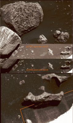 Is that a "Drawing"?!? - Sol 445 and 446 (photo-mosaic and comparison - natural colors; credits: Dr M. Faccin)
Siamo in un periodo fertile per quanto riguarda le possibili Scoperte e quindi, dopo Ivana Tognoloni e Gianluigi Barca, è ora il turno del sempre eccezionale Dr Maco Faccin il quale, dopo aver recuperato una coppia di frames Spirit "datati" (Soles 445 e 446: e cioè quando le immagini dei Rover erano ancora - se non altro a parer nostro - eccezionali e di notevole qualità), ci propone una straordinaria - se confermata - Scoperta. Osservate il fotomosaico e capirete subito: sia nel Sol 445 che nel Sol 446 si intravede, simile ad un'ombra o ad un riflesso, la tessitura di un disegno, in prossimità di una piccola roccia la quale viene ben ripresa da Spirit. L'estrema regolarità della trama e delle linee - che potete verificare Voi stessi - ci porta AUTOMATICAMENTE ad escludere l'origine naturale del dettaglio e quindi, a questo punto, la domanda è una sola: premesso che si tratta di un qualcosa di artificiale, si tratterà di un image-artifact, di un riflesso, o del prodotto di un processing NASA difettoso ed ingannevole?

Noi la risposta non la conosciamo, però possiamo darVi qualche informazione di supporto: entrambi i frames che mostrano il dettaglio controverso, sono stati ottenuti con il Filtro n. 7 (guarda caso...); il frame del Sol 445 è stato ottenuto alle ore 12:59:04 M.L.S.T., mentre quello del Sol 446 è stato ottenuto alle ore 13:02:24 (sempre M.L.S.T.). 
Usando il Filtro n. 1, il dettaglio controverso scompare. 

A nostro avviso, anche questo è un caso eclatante di possibile (ed ENORME, se confermata) Anomalìa di Superficie. Complimenti e Congratulazioni al Dr Faccin!
Parole chiave: Martian Surface - Extremely Controversia Surface Feature - The "Drawing"