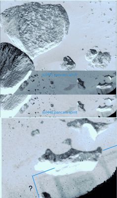 Is that a "Drawing"?!? - Sol 445 and 446 (photo-mosaic and comparison - negative; credits: Lorenzo Leone)
Uno strumento spesso decisivo non solo per l'individuazione e la definizione degli image-artifacts, ma anche per operare una distinzione tra corpi/oggetti reali ed ombre, è nella osservazione "negativa" del frame.
In questo modo, il nostro Carissimo Amico e Collaboratore Esterno, Lorenzo Leone, ci ha risottoposto il frame (rectius: la coppia di frames) individuato/i dal nostro Dr Faccin ed ha quindi riproposto la domanda essenziale: il "disegno" che sembra affiorare dalle sabbie è un disegno reale, oppure è solo un riflesso, un'ombra (di qualcosa e di un qualche tipo)? Ebbene, come si conviene ai misteri che, almeno per qualche tempo ulteriore (forse moltissimo, ahinoi...), sono destinati a rimanere tali, il processo posto in essere da Lorenzo ha dato due risultati, uguali e contrapposti.
Osservate con noi: il frame negativizzato relativo al Sol 445 mostra - piuttosto bene - le linee del "disegno" mentre si sovrappongono alla roccia che dovrebbe situarsi al di sopra di esso. Quindi, in accordo all'esito dell'esperimento, dovremmo concludere che si tratta di un'ombra. Di un riflesso.
Ma poi chiediamo la controprova ed andiamo a visionare il frame negativizzato relativo al Sol successivo: il 446. Ed il risultato cambia: la roccia non mostra sulla propria superficie alcuna traccia del "disegno", il quale appare NETTAMENTE come un qualcosa che si trova al di sotto della roccia stessa (e, quindi, anche al di sotto di un sottile - riteniamo - strato di sabbia e polvere).
Il detail mgnf del frame relativo al Sol 446 (ultimo quadro del fotomosaico), una volta negativizzato, sembra difficile da contestare: il "disegno" è SOTTO la pietra e, dunque, sotto la sabbia.
La risposta "definitiva"? Non c'è. Comunque si ponga il problema, l'evidenza in un senso (come estrapolata dal frame relativo al Sol 445) viene nullificata dall'evidenza estrapolata dall'immagine del Sol 446. E questa evidenza, anche se è indubbiamente più suggestiva, viene (come ovvio) nullificata da quanto si vede nel dettalio di cui al Sol 445.
Non esiste (o, comunque, noi non possiamo stabilire) una "gerarchia" tra le fonti disponibili, poichè esse sono di PARI LIVELLO - e cioè posseggono le STESSE, IDENTICHE, caratteristiche tecniche (dalla Camera usata al filtro/colore adottato).
L'unica differenza? Il momento dello scatto: c'è infatti uno scarto di 2' e 20" tra l'ora del frame ottenuto durante il Sol 445, rispetto all'ora di scatto del Sol 446. Le condizioni di illuminazione erano tuttavia le stesse e per entrambi i Soles eravamo in presenza di una giornata serena e soleggiata.

Morale: a noi piacerebbe credere e dire al Mondo: "Ecco la Scoperta Epocale!"...Ma non possiamo farlo: e non è solo una questione di Onestà Intellettuale e di Pragmatismo, credeteci.

E' una questione di FATTI, come crediamo di aver dimostrato ampiamente e correttamente: esistono due evidenze le quali, una volta processate, mostrano risultati contrapposti. 
E Voi sapete benissimo, così come recita la Sesta Regola della Ricerca, che "Quando ci si trova in una situazione di dissenso, Oggettiva o Soggettiva, può darsi che entrambe le Parti sìano in torto (o che entrambe le Ipotesi sìano errate); ma è comunque difficile (se non impossibile) che entrambe le Parti abbiano ragione (o che entrambe le Ipotesi sìano corrette)".

Ed ora, giustamente, pensate e decidete quello che volete...
Parole chiave: Martian Surface - Extremely Controversia Surface Feature - The "Drawing"