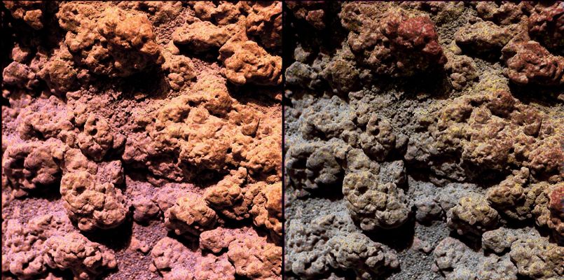 Mineral Diversity in Gusev Crater - Sol 496 (Enhanced Natural Colors - Sx/Left - and True Colors - Dx/Right; credits: Dr M. Faccin)
Ulteriori (e SPETTACOLARI!) evidenze di residui minerali (depositi di Zolfo e polveri Ferrose, su agglomerati di rocce parzialmente vescicolate e contenenti - probabilmente - discreti quantitativi di Cobalto e Manganese) derivati da attività esplosive - di probabilissima matrice vulcanica. 
Parole chiave: Microscopic Imager - Martian Rocks