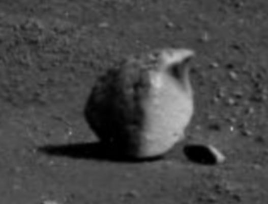Extremely unusual "Boulder" - Sol 524 (extra-detail mgnf - EDM; credits: Dr Gianluigi Barca)
Ed ecco un eccellente e ben definito extra-detail mgnf del macigno individuato dal Dr Barca e che sembra essere una via di mezzo tra un "uovo con becco" ed una sorta di "mega-conchiglia bivalve" ancora chiusa e con una curiosa deformazione sul suo lato Sx (Dx dell'Osservatore).

Una piccola osservazione (che non vuole essere nè sarcastica, nè polemica): ma i nostri Amici Scienziati e Studiosi si sono - giustamente, per carità - concentrati su tanti aspetti della morfologia di Marte i quali sono, se ci permettete di usare una espressione un pò desueta, "canonicamente scientifici". Esempi di analisi di rilievi Marziani ne trovate a decine - taluni anche interessanti - nelle note di commento ai frames orbitali MRO. Qualche commentino sui rilievi superficiali visti "dal suolo" - anche se si tratta di commenti piuttosto "blandi"... - lo potete leggere nelle Gallerie dedicate alle Press Releases MER (http://marsrovers.jpl.nasa.gov/gallery/press/).

Ma di "accenni" - anche MINIMI - alla assoluta UNICITA' e (spesso) INSPIEGABILITA' (per forma, equilibrio, texture, colore etc.) di alcuni "Sassi di Marte" (come questo e come le centinaia di altri che abbiamo isolato e che Vi abbiamo proposto e Vi proporremo negli anni), NULLA. MAI UN SINGOLO ACCENNO.

E questo, abbiate pazienza, è strano. E' strano perchè se riduciamo l'investigazione dello Spazio (Pianeti inclusi) al suo solo aspetto scientificamente "canonico" (ed ultra-razionale), a nostro parere rischiamo FORTEMENTE di farci SFUGGIRE QUALCOSA.

Ed a Buoni Intenditori...
Parole chiave: Martian Surface - Extremely Unusual Surface Feature - The "Egg"