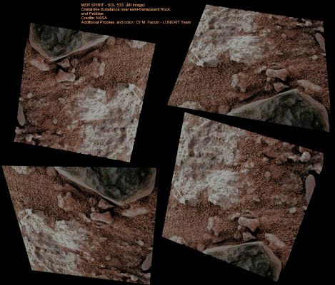 Cristal-like Substance near semi-transparent Rock and Pebbles - Sol 533 (CTX Frames - Superdefinition and possible True Colors; credits: Dr M. Faccin - Lunexit Team)
nessun commento
Parole chiave: Microscopic Imager - Martian Surface - Controversial
