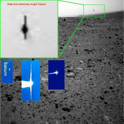 Overexposed Flying Object near Spirit - Sol 536 (credits: Dr G. Barca)
Il dettaglio evidenziato e magnificato dal Dr Barca è un image-artifact? Secondo noi, no. L'unico artifact che caratterizza l'immagine è dato soltanto dal segmento scuro che taglia il disco (o la sfera, se volete) che ben si distingue nell'inset magnificato.

Altri esempi di image-artifacts caratterizzati da un "segmento" che taglia la sorgente luminosa puntiforme - la quale, tecnicamente, è la causa del vizio (da sovraesposizione) -? Nei tre insets, Saturno e due comete riprese dal Satellite SOHO (sono solo tre esempi ma, di immagini similari - e cioè che evidenziano quasto tipo di artifact, tipicamente derivante dalla sovraesposizione di un oggetto, si puntiforme, ma dotato di grandissima luminosità - ce ne sono migliaia negli Archivi SOHO.
Si noti che alcune di esse vennero astutamente sfruttate da pseudo-Ricercatori - in realtà dei furbetti prezzolati - per gabbare tantissimi appassionati. Come? 
Semplice: dicendo che il segmento di luce - e cioè l'artifact da sovraesposizione - era la porzione periferica di mega-astronavi caratterizzate da vascelli lunghi e tubolari, con living quarters allocati in una struttura sferica centrale. Disgustoso, davvero...).

Un'ultima annotazione sul frame individuato dal Dr Barca: ai lati del dettaglio controverso (diremmo tutto intorno ad esso) tracce di una evidente pixellizzazione a trama reticolare la quale ci lascia supporre (si sottolinea che abbiamo scritto SUPPORRE: qui di certezze non ce ne sono - nè possono essercene...) che l'oggetto luminosissimo - e quindi causa dell'artifact - emana anche calore o, comunque, un qualche tipo di energia che interagisce con l'ambiente ad esso circostante, deformando l'esatta percezione delle sue caratteristiche fisiche.
Parole chiave: Martian Surface - Extremely Controversia Surface Feature - The "Sphere of Light"