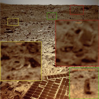 Holes and a VERY strange Surface Feature... - Sol 548 (credits: Dr G. Barca)
Buchi nella superficie. Un evento che, sulla Terra, non suscita particolare interesse ma che su Marte, come abbiamo imparato, è segno di "attività recente".
Ma quale tipo di "attività"?

La risposta, lo sapete, non possiamo darvela, ma qualche suggerimento - che prende spunto dal mosaico costruito dal nostro Dr Barca - si: i buchi che vedete qui, infatti, potrebbero essere dei modesti "sfoghi" (derivanti da emissioni di fumi e gas) oppure delle "vie d'accesso/uscita" (!) realizzate ad hoc da Creature Indigene le quali vivono nel sottosuolo (come per altro fanno moltissime Creature Terrestri!) ma che, di quando in quando, escono allo scoperto, per "respirare" meglio o, forse, per cacciare o curiosare...

Fantasie? Oggi, si. Ma un domani...Chissà!

Nell'edm in basso a Dx, un nuovo caso (sembra) di Equlibrio Impossibile (oppure si tratta di una Surface Feature assolutamente sui generis...Decidete Voi!).
Parole chiave: Martian Surface - Extremely Controversia Surface Feature - "Holes"
