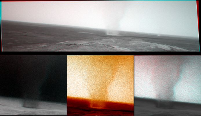 Powerful Swirling Winds - Sol 578 (special process. by Marco Faccin)
Uno splendido image-mosaic rappresentativo di un maestoso Dust Devil (il livello di definizione è tale per cui potete arrivare anche a distinguere la struttura "filamentosa" delle varie colonne di sabbia e polveri che si sono formate grazie alle correnti d'aria interne al DD) distante solo qualche centinaio di metri da Spirit.
Parole chiave: Martian Surface - Dust Devil