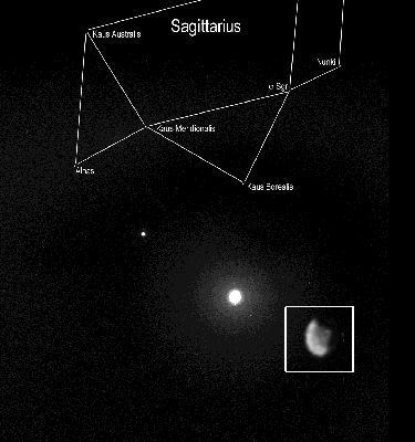 Martian Night - Sol 340 (GIF-Movie)
Taking advantage of extra solar energy collected during the day, NASA's Mars Exploration Rover Spirit recently settled in for an evening of stargazing, photographing the two moons of Mars as they crossed the night sky. In this view, the Pleiades, a star cluster also known as the "Seven Sisters," is visible in the lower left corner. The bright star Aldebaran and some of the stars in the constellation Taurus are visible on the right. Spirit acquired this image the evening of Sol 590 (such as August, 30th, 2005). 

The image on the right provides an enhanced-contrast view with annotation. Within the enhanced halo of light is an insert of an unsaturated view of Phobos taken a few images later in the same sequence. 

"It is incredibly cool to be running an observatory on another planet" said planetary scientist Jim Bell of Cornell University, Ithaca, N.Y., lead scientist for the panoramic cameras on Spirit and Opportunity. In this annotated animation, both martian moons, Deimos on the left and Phobos on the right, travel across the night sky in front of the constellation Sagittarius. Part of Sagittarius resembles an upside-down teapot. In this view, Phobos moves toward the handle and Deimos moves toward the lid. Phobos is the brighter object on the right; Deimos is on the left. Each of the stars in Sagittarius is labeled with its formal name. The inset shows an enlarged, enhanced view of Phobos, shaped rather like a potato with a hole near one end. The hole is the large impact creater Stickney, visible on the moon's upper right limb. 

On Mars, Phobos would be easily visible to the naked eye at night, but would be only about one-third as large as the full Moon appears from Earth. Astronauts staring at Phobos from the surface of Mars would notice its oblong, potato-like shape and that it moves quickly against the background stars. Phobos takes only 7 hours, 39 minutes to complete one orbit of Mars. That is so fast, relative to the 24-hour-and-39-minute sol on Mars (the length of time it takes for Mars to complete one rotation), that Phobos rises in the West and sets in the East. Earth's moon, by comparison, rises in the East and sets in the West. The smaller martian moon, Deimos, takes 30 hours, 12 minutes to complete one orbit of Mars. 
That orbital period is longer than a martian Sol, and so Deimos rises, like most Solar System moons, in the East and sets in the West. 

Scientists will use images of the two moons to better map their orbital positions, learn more about their composition and monitor the presence of nighttime clouds or haze. Spirit took the five images that make up this composite with the panoramic camera, using the camera's broadband filter, which was designed specifically for acquiring images under low-light conditions. 
Parole chiave: Martian Sky - Deimos and Phobos - GIF-Movie