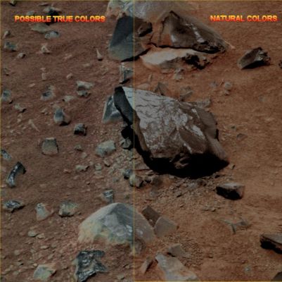 Possible True Colors and Natural Colors: a Visual Comparison (credts: Dr G. Barca and Lunar Explorer Italia)
Perchè la Teoria è una cosa e la Realtà - ahinoi!... - un'altra. In questo semplice fotomosaico, una comparazione visiva tra "Possibili Colori Veri" (e cioè quella che è la Realtà del paesaggio, MA NON come la vedremmo se fossimo lì), e "Colori Naturali" (e cioè quello che vedremmo con i nostri - umani - occhi, se fossimo lì).
La Dominante Cromatica, come ovvio, recita un ruolo pesantissimo nei Colori Naturali, mentre tende a scomparire nei (possibili) Colori Veri.
Parole chiave: Martian Surface - Boulder, Rocks and Pebbles