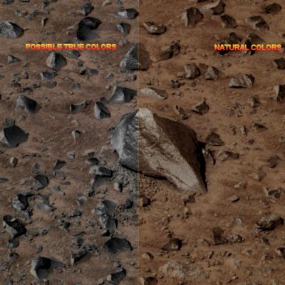 Possible True Colors and Natural Colors: a Visual Comparison (credts: Dr G. Barca and Lunar Explorer Italia)
Perchè la Teoria è una cosa e la Realtà - ahinoi!... - un'altra. In questo semplice fotomosaico, una comparazione visiva tra "Possibili Colori Veri" (e cioè quella che è la Realtà del paesaggio, MA NON come la vedremmo se fossimo lì), e "Colori Naturali" (e cioè quello che vedremmo con i nostri - umani - occhi, se fossimo lì).
La Dominante Cromatica, come ovvio, recita un ruolo pesantissimo nei Colori Naturali, mentre tende a scomparire nei (possibili) Colori Veri.
Parole chiave: Martian Surface - Boulder, Rocks and Pebbles