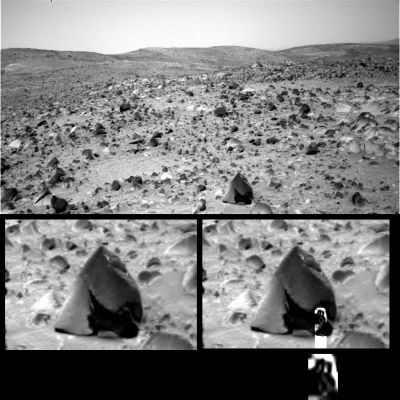 Is there Life on Mars? - Sol 659 (credits: Dr M. Faccin)
Questo frame, se possibile ancora più suggestivo di tanti altri, riprende un tema ed una pseudo-roccia già individuata dal Dr Feltri e trattata nella Sez. "Mars Spirit Anomalies & Maps" (frames 153, 154 e 155): questa volta lo splendido Lavoro di Ricerca e di costruzione del fotomosaico è opera del Dr Faccin, ma le domande che l'osservazione di questa "Surface Feature" (chiamarla semplicemente "roccia" ci pare davvero riduttivo) sono tante e - ce ne rendiamo conto - molto suggestive ed "esotiche".

E' una roccia quella che stiamo guardando o è qualcosa d'altro? Che cosa si intuisce nel crack che ne caratterizza la porzione frontale?

"Is there Life on Mars?"

Complimenti al Dr Faccin e, come sempre, aspettiamo le Vostre opinioni!...
Parole chiave: Martian Surface - Anomalous Surface Feature - Pseudo-Rock