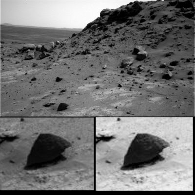 Is there Life on Mars? - Sol 690 (credits: Dr M. Faccin)
L'immagine di questo "guscio" (o "pseudo-roccia") parzialmente sollevato dal suolo è intrigante e ci riporta alla memoria non solo le più recenti teorizzazioni del Dr Alessio Feltri sulla Materia, ma anche una serie di interrogativi riguardanti il concetto stesso di "Forma Vitale".

Sono solo rocce quelle che stiamo guardando? Sono fossili? Sono qualcosa d'altro e di più?

David Bowie, in un suo grande successo di parecchi anni fa si poneva la domanda che ci poniamo noi, oggi, davanti a queste suggestive inquadrature, ben individuate, magnficate e montate in un collage dal nostro Grande Amico e Partner (il sempre più bravo ed attento Marco Faccin): "Is there Life on Mars?"...

Voi che dite?
Parole chiave: Martian Surface - Anomalous Surface Feature - Pseudo-Rock