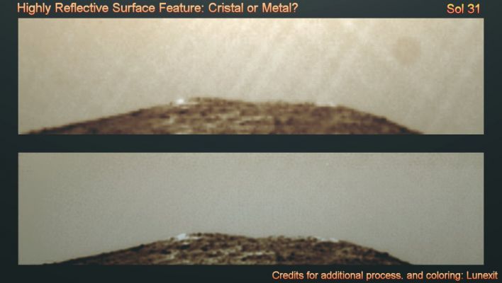"Highly Reflective Surface Feature" - Sol 27 (MULTISPECTRUM; credits: Lunexit)
Il Prof. Hoagland, a proposito di questo "rilievo superficiale ad elevata riflettenza", parlò di "Cristal Remnant". O, se Vi piace di più, di "prova" (sic!) dell'esistenza di "rovine artificiali" nei pressi del Landing Site della Sonda Soujourner-Pathfinder.

Noi, che siamo un pizzico più razionali (e meno - commercialmente - motivati...), Vi diciamo che questo rilievo ad "elevata riflettenza" è, effettivamente, curioso (tanto curioso che pure gli Amici di Pasadena lo hanno fotografato più volte...). Ma da qui a fare le speculazioni (assurde) di Hoagland... ce ne passa!

Diciamo che si tratta di qualcosa di "strano" e di "intrigante". Forse è (davvero) un grosso cristallo (?). Forse è l'Heat-Shield di Soujourner-Pathfinder (la Back-Shell, già individuata, è molto vicina al luogo di Landing della Sonda).
O forse non è nulla di tutto ciò (magari - chissà... - è un "qualcosa di non locale"...). 

La Verità, si sa, va "guadagnata". Non la si può "divinare", anche se - qualche volta - la si può intuire.
Noi suggeriamo di guardare con "occhi chiari" e "mente open" quello che i frames ci mostrano. Guardare, studiare, ipotizzare (possibilmente senza "sparare a caso"...) e poi...E poi attendere.

Il resto, le risposte - se risposte ci saranno - è nelle mani del Futuro.
Parole chiave: Martian Surface - Unusual Surface Feature - Controversial