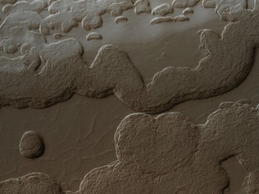 South Polar Layered Deposits and Residual Cap (Natural Colors; credits for the additional process. and color.: Dr Paolo C. Fienga - Lunexit Team)
This image from NASA's Mars Reconnaissance Orbiter (MRO) shows a variety of surface textures within the South Polar Residual Cap of Mars.

It was taken during the Southern Spring, when the Surface was covered by seasonal CO2 Frost, so that Surface relief is easily seen. Illumination is from the bottom left, highlighting long Troughs at to the right and round pits and irregular Mesas to the left of center.

These unique landforms are common in the South Polar Residual Cap, which is known from previous Mars Global Surveyor images to be eroding rapidly in places. Right of center, SPLDs are exposed on a Sun-facing Scarp. These Deposits are older than the Residual Ice Cap, and the Layers are thought to record climate variations on Mars similar to ice ages on Earth.
Parole chiave: Mars from orbit - South Polar Layered Deposits and South Polar Residual Cap
