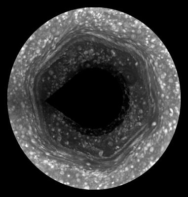 The "Exagon" of Saturn's North Pole
It is unclear how an unusual Hexagonal Cloud System that surrounds Saturn's North Pole was created, keeps its shape, or how long it will last. 
Originally discovered during the Voyager flybys of Saturn in the 80s, nobody has ever seen anything like it elsewhere in the Solar System. 
Although its IR glow was visible previously to the Cassini Spacecraft now orbiting Saturn, over the past year the mysterious Hexagonal Vortex became fully illuminated by Sunlight for the first time during the Cassini's visit. Since then, Cassini has imaged the rotating Hexagon in Visible Light enough times to create this full-view. (the North Pole center was not well imaged and has been excluded)
Planetary scientists are sure to continue to study this most unusual cloud formation for quite some time.
Parole chiave: Saturn