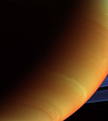 Infrared Saturn (elab. NASA)
Caption NASA:"This psychedelic view of Saturn and its Rings is a composite made from images taken with the Cassini spacecraft wide-angle camera using spectral filters sensitive to wavelengths of infrared light centered at 728, 752 and 890 nanometers. 

Cassini acquired the view on Dec. 13, 2006 at a distance of approx. 822.000 Km(such as about 511.000 miles) from Saturn. Image scale is roughly 46 Km (approx. 28 miles) per pixel". 
Parole chiave: Saturn - Upper Atmosphere - Infrared Light