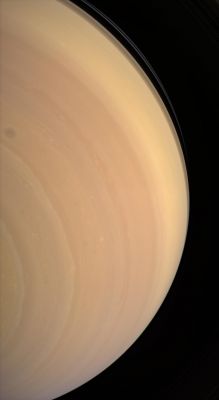From South to North
Caption NASA:"The Cassini spacecraft gazes upward at the face of giant Saturn, seeing beyond the Equator to where ring shadows fall across the bluish Northern Latitudes. 
This extreme southern view looks northward from about 58° below the Ring-Plane. 

Images taken using red, green and blue spectral filters were combined to create this natural color view. The images were obtained with the Cassini spacecraft wide-angle camera on Feb. 1, 2007 at a distance of approx. 940.000 Km (abput 584.000 miles) from Saturn. 
Image scale is roughly 106 Km (about 66 miles) per pixel".
Parole chiave: Saturn