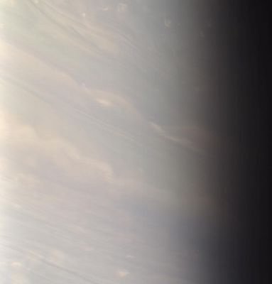 The bluish Northern Latitudes of Saturn (natural colors - elab. NASA)
Caption NASA:"In Saturn's bluish North, day ends for the dreamy white clouds that stretch here into twilight. 
This natural color scene shows middle latitudes in Saturn's North at excellent resolution, and with little detectable blur due to spacecraft motion. 

North on Saturn is up and rotated 22° to the right. 

Images taken using red, green and blue spectral filters were combined to create this color view. The image was taken with the Cassini spacecraft narrow-angle camera on April 1, 2007 at a distance of approx. 2 MKM (about 1,2 MMs) from Saturn and at a Sun-Saturn-spacecraft, or phase, angle of 86°. 
Image scale is roughly about 12 Km (approx. 7 miles) per pixel".
Parole chiave: Saturn