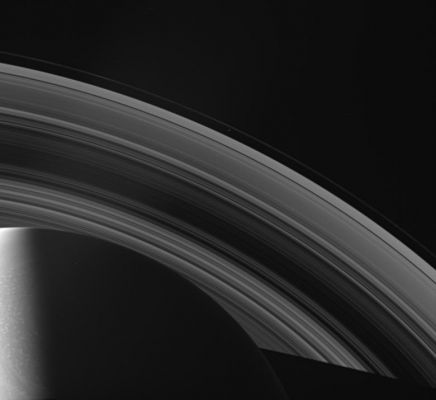 Saturnian Shadows
Caption NASA:"The Cassini spacecraft looks across Saturn's cloud-dotted North and shadowed Pole, and out across the lanes of ice that compose its Rings. 
Prometheus is visible between the A and F-Rings near the center of the image. 
This view looks toward the unilluminated side of the Rings from about 42° above the Ring-Plane. The Planet's shadow stretches toward the lower right corner. 

The image was taken in visible light with the Cassini spacecraft wide-angle camera on April 1, 2007 at a distance of approx. 2 MKM (about 1,2 MMs) from Saturn. 
Image scale is roughly 119 Km (about 74 miles) per pixel".
Parole chiave: Saturn