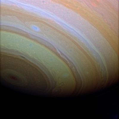 The Southern Latitudes of Saturn
Caption NASA:"Stunning details in Saturn's clouds suggest movement within bands of atmosphere. This false color enhancement makes visible an exciting level of detail in the bright and dark bands that is more easily seen at Jupiter than at Saturn. 
Saturn's Southern Hemisphere seems to fade into the blackness of space in this view. 

The image was taken with the Cassini spacecraft wide-angle camera using a combination of spectral filters sensitive to wavelengths of infrared light centered at 752 (red channel), 890 (blue channel) and 728 (green channel) nanometers. 
The view was acquired on Feb. 2, 2007 at a distance of approx. 1 MKM (such as about 600.000 miles) from Saturn. 
Image scale is roughly 57 Km (about 36 miles) per pixel".
Parole chiave: Saturn