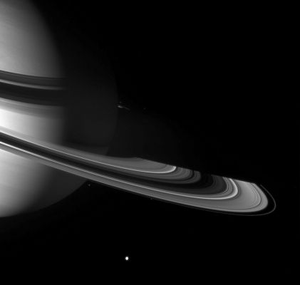 In the Night...
Caption NASA:"Graceful giant Saturn poses with a few of the small Worlds it holds close. From this viewpoint the Cassini Spacecraft can see across the entirety of the Planet's shadow on the Rings, to where the Ring-Plane emerges once again into Sunlight. 
Tethys shines large and bright near the bottom of the scene. Pandora sits outside the F-Ring, below center. Epimetheus is a speck on the far side of the Ring-Plane, immediately to the right of Saturn's limb. Most of the other bright specks near the Rings are background stars. 
This view looks toward the unilluminated side of the Rings from about 8° above the Ring-Plane. The image has been brightened to enhance the appearance of the small moons. 

The image was taken with the Cassini spacecraft wide-angle camera on June 2, 2007 using a spectral filter sensitive to wavelengths of infrared light centered at 918 nanometers. 
The view was obtained at a distance of approx. 2,2 MKM (such as about 1,4 MMs) from Saturn. 
Image scale is roughly 131 Km (about miles) per pixel".
Parole chiave: Saturn and Companions