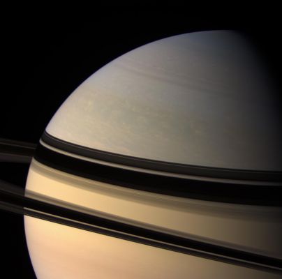 The Northern Hemisphere of Saturn (natural colors; credits: NASA/Space Science Inst.)
Caption NASA:"Dark ring shadows adorn the Northern Hemisphere of Saturn. 
The shadows have loosened their grip on the North compared to when Cassini arrived in 2004, and presently continue to slide farther South. 
This view looks toward the unilluminated side of the rings from about 5° above the Ring-Plane. Images taken using red, green and blue spectral filters were combined to create this Natural Color View. The view was acquired with the Cassini spacecraft wide-angle camera on Oct. 22, 2007, at a distance of approx. 1,3 MKM (such as about 839.000 miles) from Saturn. 
Image scale is roughly 77 Km (about 48 miles) per pixel".
Parole chiave: Saturn