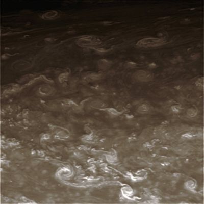Saturnian "Twirling Vortices" and "Cirrus-like" Clouds Formation (MULTISPECTRUM-2; credits: Lunexit)
Caption NASA:"Twirling vortices swim through a vast ocean of Hydrogen and Helium in Saturn's far North. This view looks toward a region at 70° North Latitude. 

The image was taken with the Cassini spacecraft narrow-angle camera on May 23, 2008 using a spectral filter sensitive to wavelengths of infrared light centered at 750 nanometers. The view was obtained at a distance of approx. 1,2 MKM (such as about 776.000 miles) from Saturn. 
Image scale is roughly 7 Km (about 4 miles) per pixel".
Parole chiave: Saturn - Northern Upper Atmosphere