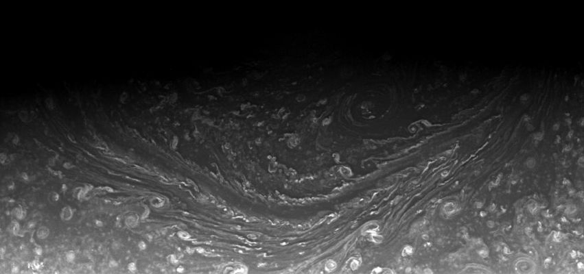 Two sides of Saturn's "Hexagon"
Caption NASA:"Saturn's North Polar Hexagon appears to be a long-lived feature of the Atmosphere, having been spotted in images of Saturn in the early 1980s, again in the 1990s, and then by the Cassini Spacecraft in the past several years. 
The persistent nature of the Hexagon in imaging observations implies that it is present throughout Saturn's 29-year seasonal cycle. Two sides of the Hexagon are seen here. 

This view was obtained from about 67° above the Equator. The image was taken with the Cassini Spacecraft wide-angle camera on Aug. 25, 2008 using a spectral filter sensitive to wavelengths of infrared light centered at 752 nanometers. The view was acquired at a distance of approx. 566.000 Km (about 352.000 miles) from Saturn. 

Image scale is roughly 31 Km (about 19 miles) per pixel".
Parole chiave: Saturn - Upper Atmosphere - The "Hexagon"