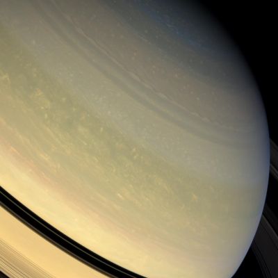 The Northern Hemisphere of Saturn (Natural Colors; credits: NASA/JPL/Space Science Institute)
Caption NASA:"A chef's bounty of colors is represented in this full color view of Saturn's Northern Hemisphere. 
Butternut, peach, and olive hues have replaced the azure blue of Winter. The blue of Saturn's Winter Hemisphere during the early Cassini Prime Mission still remains a puzzle. Over the course of time, the blue color has faded and has been replaced with bands of other hues (see also PIA11141). 

This picture is a combination of images taken in red, green and blue light with the Cassini spacecraft wide-angle camera on Jan. 1, 2009. The view was obtained at a distance of approx. 1,1 MKM (such as about 680.000 miles) from Saturn and at a Sun-Saturn-Spacecraft, or Phase, Angle of 28°. 
Image scale is roughly 65 Km (about 40 miles) per pixel".
Parole chiave: Saturn - Northern Hemisphere