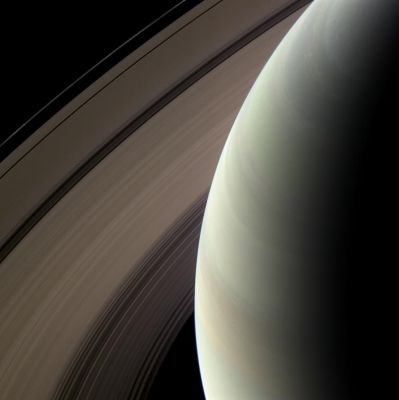 The Northern Region of Saturn (Natural Colors; credits: NASA/JPL/Space Science Institute)
Caption NASA:"Saturn's Northern Hemisphere is seen here against its nested Rings. 
This view from the Cassini Spacecraft looks toward the unilluminated side of the Rings from about 30° above the Ring-Plane. The rings have been brightened relative to the Planet to enhance visibility. 

Images taken using red, green and blue spectral filters were combined to create this Natural Color view. 
The images were acquired with the Cassini Spacecraft wide-angle camera on Feb. 24, 2009 at a distance of approx. 866.000 Km (about 538.000 miles) from Saturn. 
Image scale is roughly 38 Km (about 24 miles) per pixel".
Parole chiave: Saturn