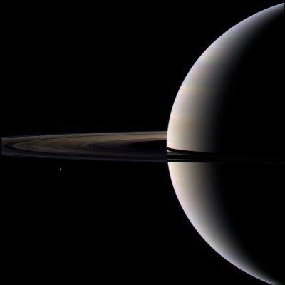 Cosmic Vision (Natural Colors; credits: NASA/JPL/Space Science Institute)
Caption NASA:"Looking cool and serene, Saturn shares its soft glow with Cassini. This view of Saturn, its Rings and the moon Tethys represents "Target 1" in the fall 2009 edition of the Cassini Scientist for a Day contest. 
(See http://saturn.jpl.nasa.gov/education/scientistforaday8thedition/.) The contest is designed to give students a taste of life as a scientist by challenging them to write an essay describing the value of one target choice among three for Cassini to image. 
A bonus feature in the image is the presence of bright Spokes on and just above the ansa, or curved edge of the darkened Ring-Plane. The Spokes are made visible here by sunlight scattering through the dust-sized icy particles and toward Cassini's cameras. 

Images taken using red, blue and green spectral filters were combined to create this color view. 
The images were acquired with the Cassini wide-angle camera on Oct. 11, 2009 at a distance of approx. 1,7 MKM (a little more than 1 MMs) from Saturn".

Nota Lunexit: la dizione "Natural" l'abbiamo aggiunta noi, dato che la NASA - curiosamente - parla solo di "Color View" (insomma, adesso non fanno più nemmeno la fatica di dirci se si tratta di Natural, Approximate True, True e/o False Colors...bah!).
Parole chiave: Saturn and Tethys