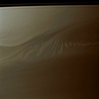 The "Oily Clouds" of Saturn (Natural Colors; credits for the additional process. and color.: Dr Paolo C. Fienga - Lunexit Team)
Caption NASA:"Clouds in Saturn's Upper Atmosphere create an intricate pattern reminiscent of whipped cream swirling in coffee. The view is centered on a region located about 15° South of the Planet's Equator. The image was taken with the Cassini Spacecraft narrow-angle camera on July 18, 2010 using a spectral filter sensitive to wavelengths of Near-InfraRed light centered at 727 nanometers.

The view was obtained at a distance of approx. 2,4 MKM (abput 1,5 MMs) from Saturn and at a Sun-Saturn-Spacecraft angle of 107°. 
Image scale is roughly 14 Km (a little less than 9 miles) per pixel".
Parole chiave: Saturn - Upper Atmosphere