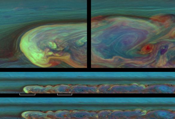 Saturnian Storm (False Colors; credits: NASA/JPL-Caltech/Space Science Institute)
Caption NASA:"These false-color images from NASA's Cassini Spacecraft chronicle a day in the life of a huge storm that developed from a small spot that appeared 12 weeks earlier in Saturn's Northern Mid-Latitudes.
This storm is the largest and most intense observed on Saturn by NASA's Voyager or Cassini Spacecraft. The storm is still active. As seen in these and other Cassini images, the storm encircles the Planet - whose circumference at these latitudes is approx. 186.000 miles (about 300.000 Km). 
From North to South, it covers a distance of about 9000 miles (approx. 15.000 Km), which is one-third of the way around the Earth. It encompasses an area of about 1,5 BSMs (Billion Square Miles - such as approx. 4 BSKM), or eight times the surface area of Earth. This storm is about 500 times the area of the biggest of the Southern Hemisphere storms observed by Cassini.

The highest clouds in the image are probably around 100 millibars pressure, or 60 miles (approx. 100 Km) above the regular undisturbed clouds. These false colors show clouds at different altitudes. Clouds that appear blue here are the highest and are semitransparent, or optically thin. Those that are yellow and white are optically thick clouds at high altitudes. Those shown green are intermediate clouds. Red and brown colors are clouds at low altitude unobscured by high clouds, and the deep blue color is a thin haze with no clouds below. The base of the clouds, where lightning is generated, is probably in the water cloud layer of Saturn's Atmosphere. The storm clouds are likely made out of Water Ice covered by crystallized Ammonia.

Taken about 11 hours -- or one Saturn day -- apart, the two mosaics in the lower half of this image product consist of 84 images each. The mosaic in the middle was taken earlier than the mosaic at the bottom. Both mosaics were captured on Feb. 26, 2011, and each of the two batches of images was taken over about 4,5 hours.

Two enlargements from the earlier, middle mosaic are shown at the top of this product. The white lines below the middle mosaic identify those parts of the mosaic that were enlarged for these close-up views. The enlargement on the top left shows the head of the storm, and that on the top right shows the turbulent middle of the storm. Cassini observations have shown the head of the storm drifting West at a rate of about 2,8° of Longitude each Earth day (28 meters per second, or 63 miles per hour). The central latitude of the storm is the site of a Westward jet, which means that the clouds to the North and South are drifting Westward more slowly or even drifting eastward. In contrast, clouds at Saturn's Equator drift Eastward at speeds up to 450 meters per second (about 1000 miles per hour). 

Both of the long mosaics cover an area ranging from about 30° to 51° North Latitude. The views stretch from about 138° (on the left) to 347° West Longitude (on the right), passing through 360/0° West Longitude near the far right of the mosaics.

The images were taken with the Cassini Spacecraft narrow-angle camera using a combination of spectral filters sensitive to wavelengths of Near-InfraRed light. The images filtered at 889 nanometers are projected as blue. The images filtered at 727 nanometers are projected as green, and images filtered at 750 nanometers are projected as red.

The views were acquired at a distance of approx. 1,5 MMs (such as about 2,4 MKM) from Saturn and at a Sun-Saturn-Spacecraft Angle (i.e.: Phase Angle) of 62°. Both the top and bottom images are simple cylindrical map projections, defined such that a square pixel subtends equal intervals of Latitude and Longitude. At higher Latitudes, the pixel size in the North-South direction remains the same, but the pixel size in the East-West direction becomes smaller. The pixel size is set at the Equator, where the distances along the sides are equal. The images of the long mosaics have a pixel size of 33 miles (53,108 Km) at the Equator, and the two close-up views have a pixel size of 6 miles (9,656 Km) per pixel at the equator".
Parole chiave: Saturn